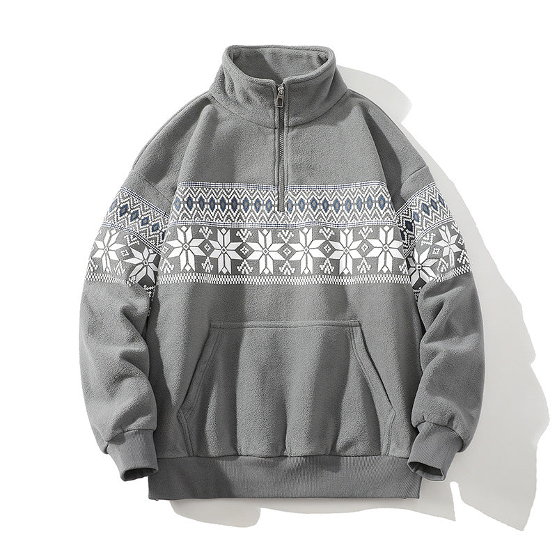 Unisex Norwegermuster-Fleecejacke mit Stehkragen, durchgehendem Reißverschluss und Kordelzug Shop Nory