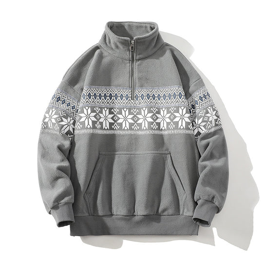 Unisex Norwegermuster-Fleecejacke mit Stehkragen, durchgehendem Reißverschluss und Kordelzug Shop Nory