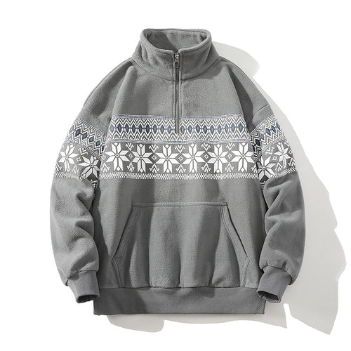 Unisex Norwegermuster-Fleecejacke mit Stehkragen, durchgehendem Reißverschluss und Kordelzug Shop Nory