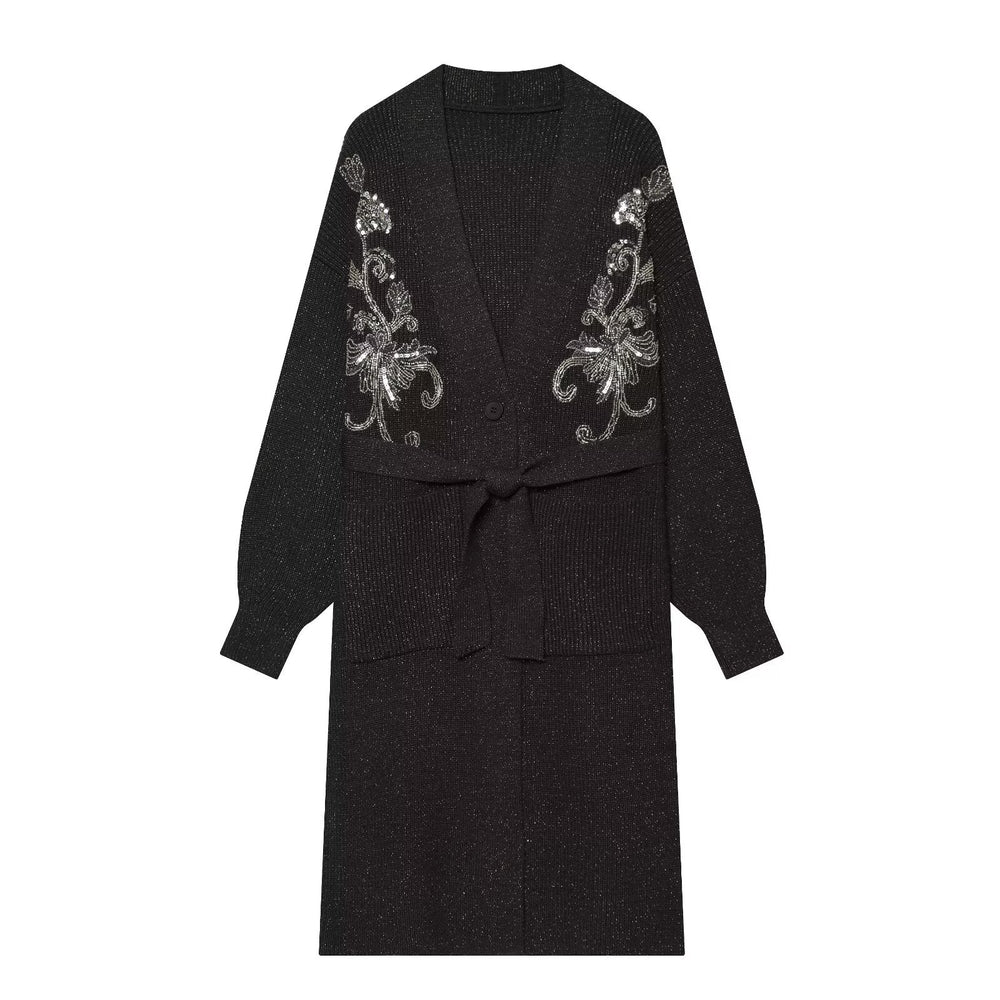 Damen langer Strickcardigan mit Taillengürtel und Paillettenstickerei Shop Nory