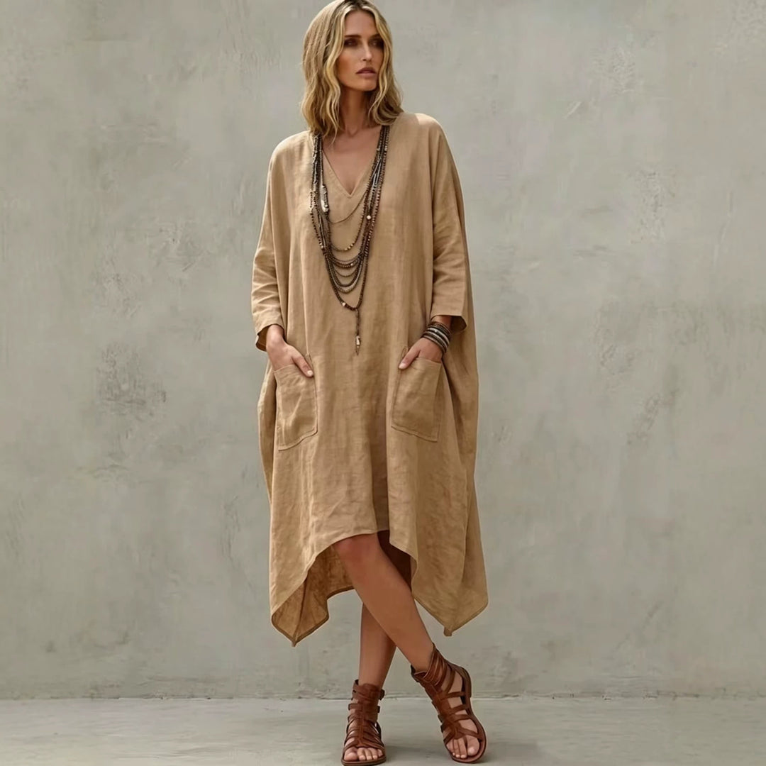 Damen nan Oversize Kaftankleid mit V-Ausschnitt, Eingrifftaschen und asymmetrischem Saum Shop Nory
