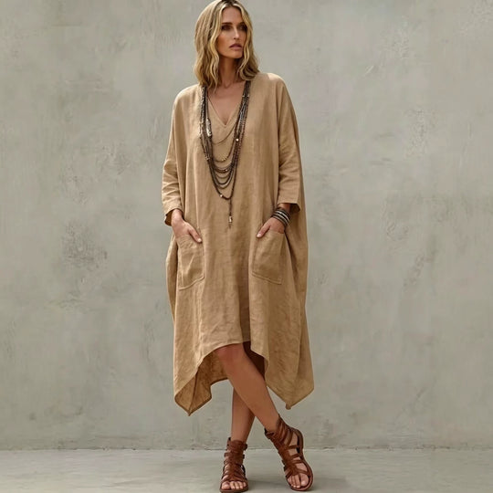Damen nan Oversize Kaftankleid mit V-Ausschnitt, Eingrifftaschen und asymmetrischem Saum Shop Nory