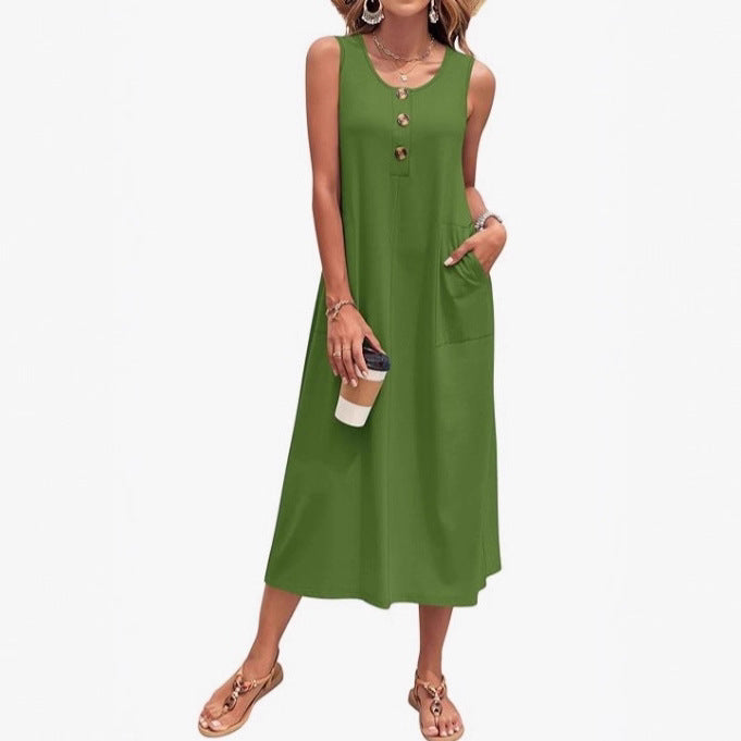 Damen Lässiges Midikleid mit Taschen und Knopfdetails Shopnory