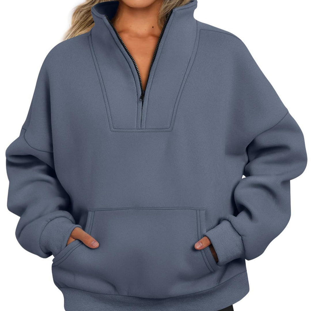 Damen nan oversized Halbzip-Hoodie mit hohem Stehkragen, Kängurutasche und gerippten Bündchen Shop Nory