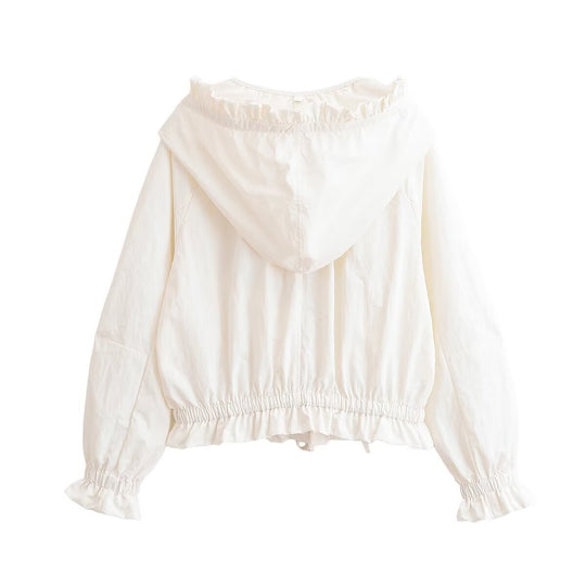 Damen Leichte Cropped-Übergangsjacke mit Rüschenkragen, Tunnelzug und Gummizugbündchen Shop Nory