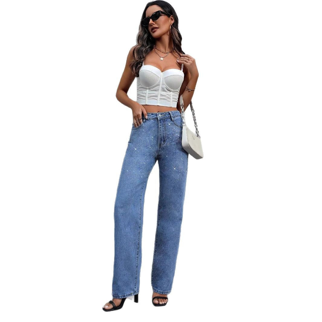 Damen Hochtaillierte Straight‑Leg‑Jeans mit Sternen‑Glitzerprint und Five‑Pocket‑Design Shop Nory