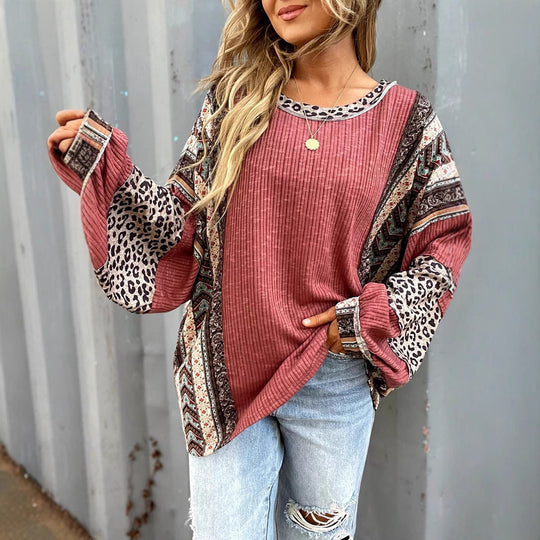 Damen Lässiges Patchwork-Longsleeve mit Rippenstruktur, Leoparden- und Boho-Print Shop Nory