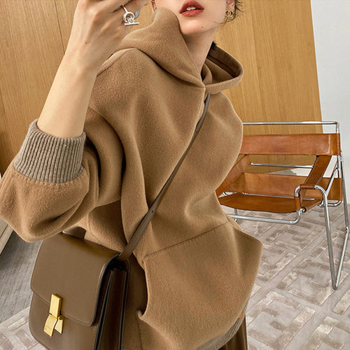 Damen Oversized Sweatjacke mit Kapuze und modernem Houndstooth-Muster Shop Nory