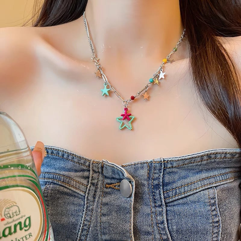 Damen mehrschichtige Kette mit bunten Sternenanhängern Shop Nory