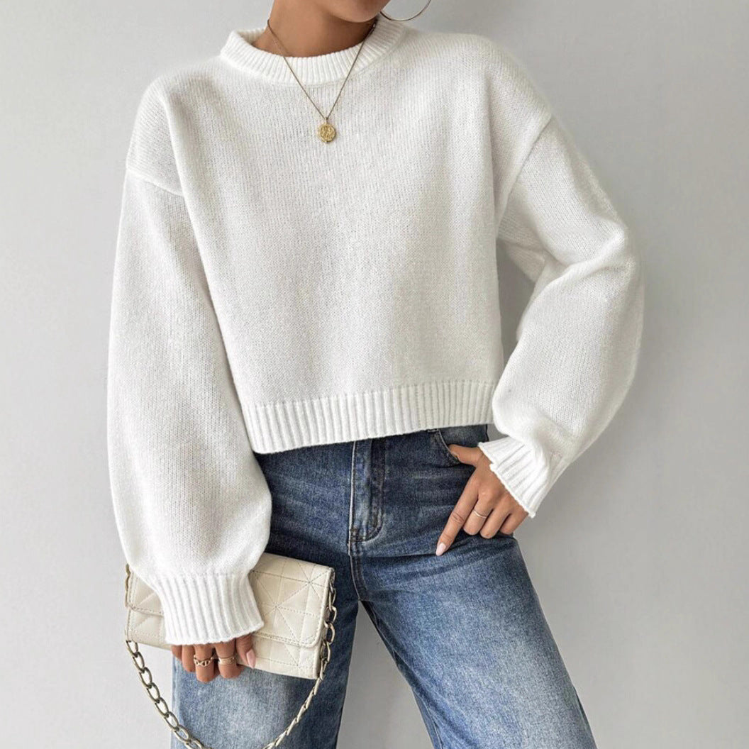 Damen Kurz-Cropped Pullover aus feinem Strick mit Ballonärmeln und geripptem Bund Shop Nory
