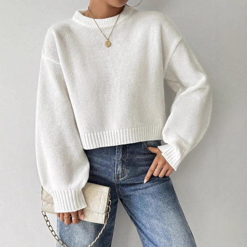 Damen Kurz-Cropped Pullover aus feinem Strick mit Ballonärmeln und geripptem Bund Shop Nory