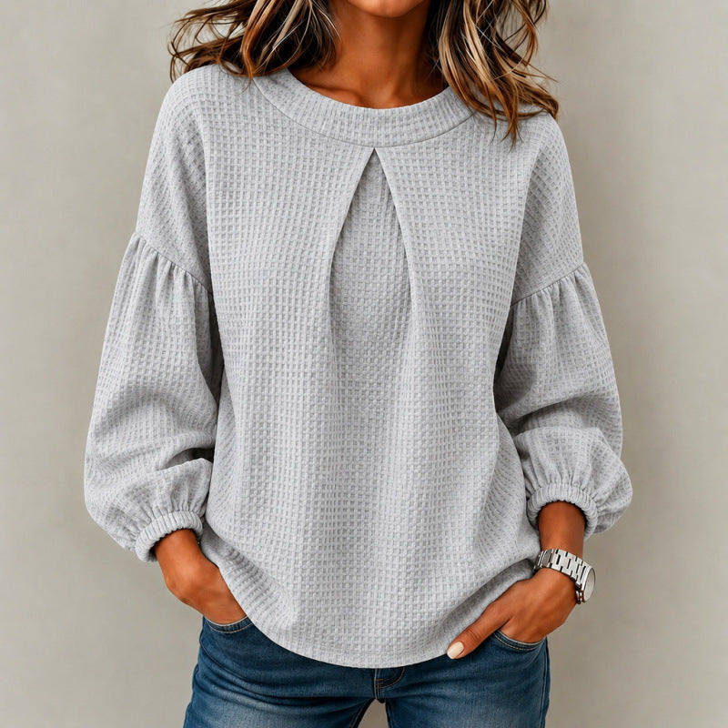 Damen Lockeres Waffelstrick-Sweatshirt mit Vorderfalte und Ballonärmeln Shop Nory