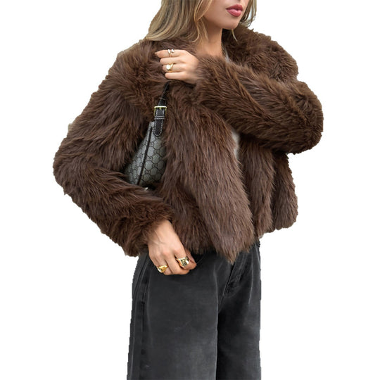 Damen nan kurzer Faux‑Fur‑Mantel mit breitem Stehkragen, dichter Flor und wärmender Innenfütterung Shop Nory