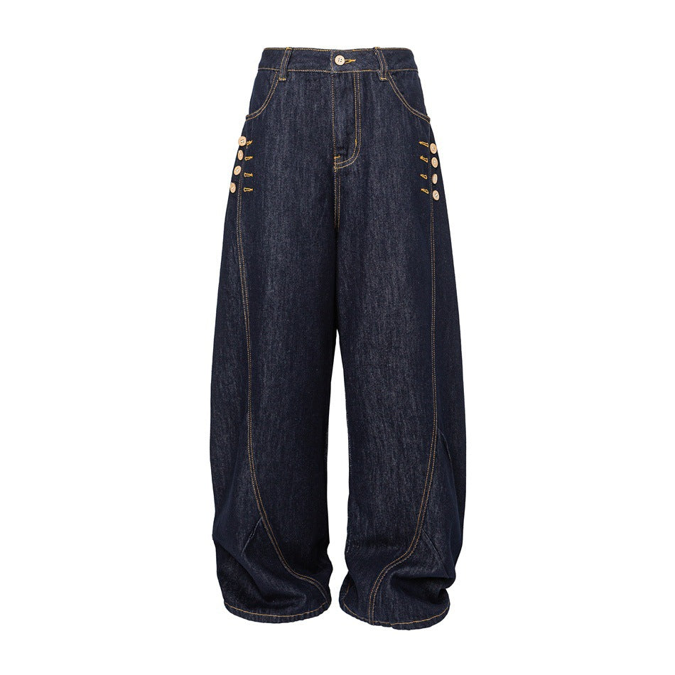 Damen Weite High‑Waist Jeanshose mit Ballon‑Silhouette und seitlichen Zierknöpfen Shop Nory