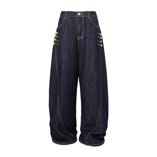 Damen Weite High‑Waist Jeanshose mit Ballon‑Silhouette und seitlichen Zierknöpfen Shop Nory