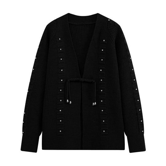 Damen Grobstrick-Cardigan mit Strassbesatz, Flechtkordel und offenem V-Ausschnitt Shop Nory