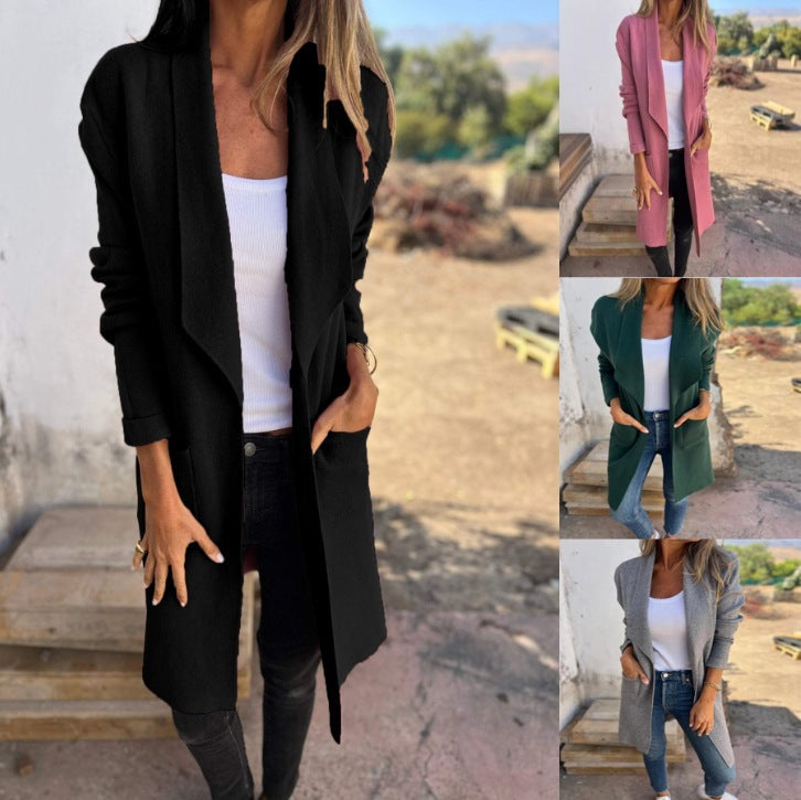 Damen Offener Longcardigan-Mantel mit Schalkragen und Eingrifftaschen Shop Nory