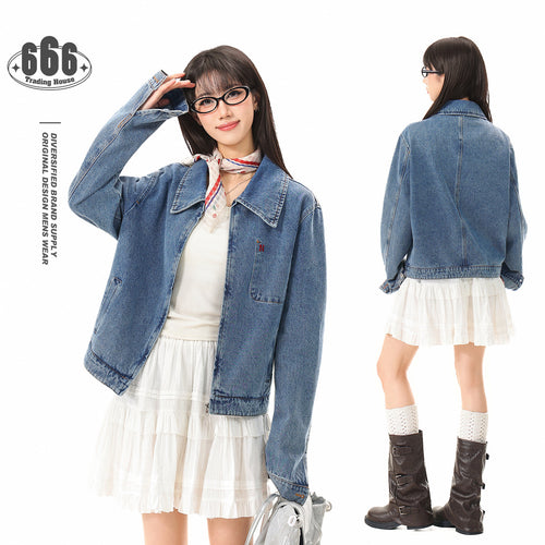 Damen Kurze Oversize-Denimjacke mit durchgehendem Reißverschluss und Brusttasche Shop Nory