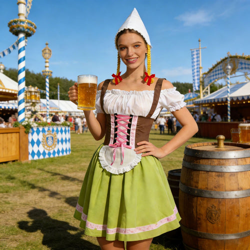Damen nan traditionelles Dirndl-Kostüm mit Schnürung, Schürze und spitzem Kopftuch Shop Nory