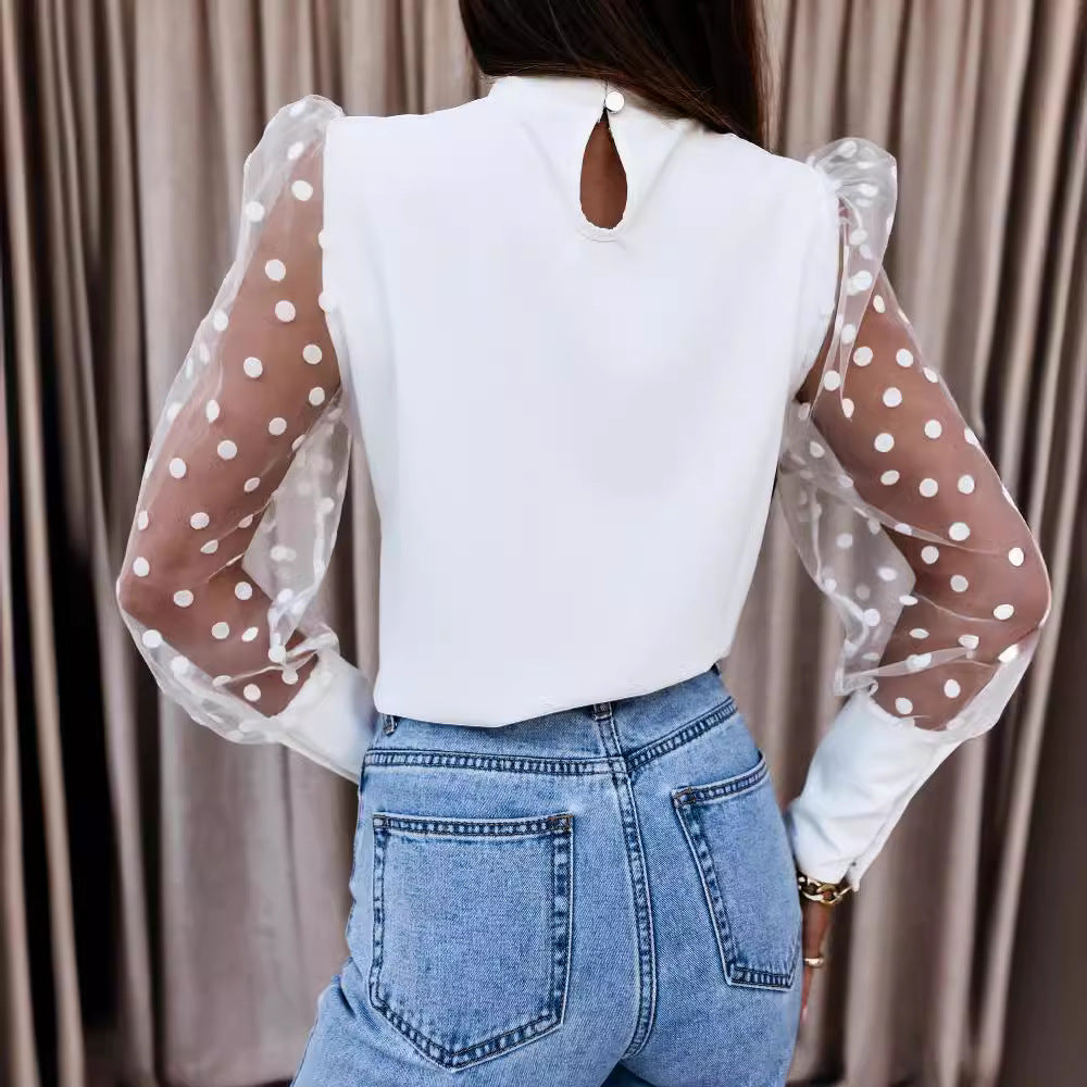 Damen Bluse mit transparenten Puffärmeln und Punktmuster