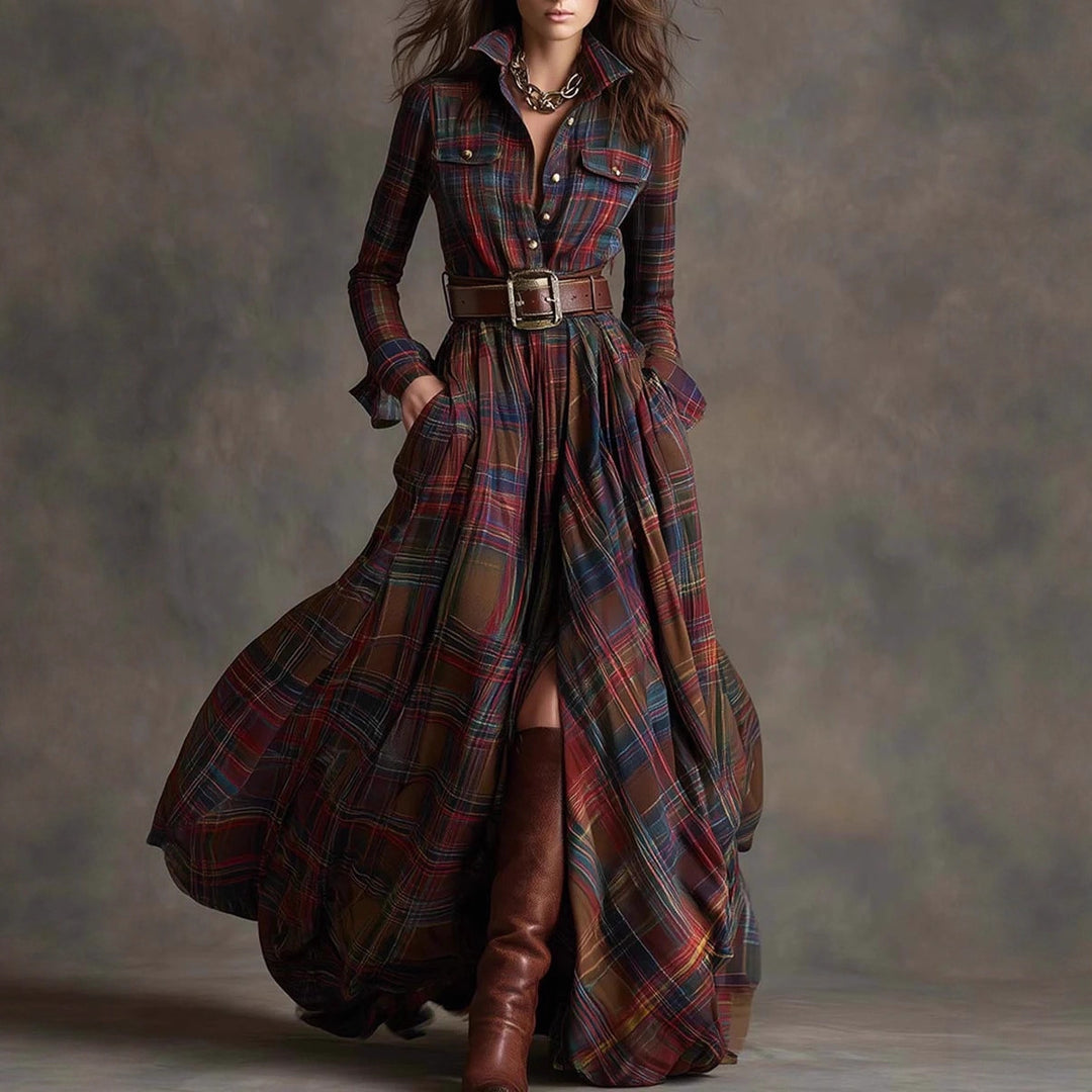 Damen Karierte Maxikleid mit Hemdbluse-Oberteil, Taillierter Bund und Eingrifftaschen Shop Nory