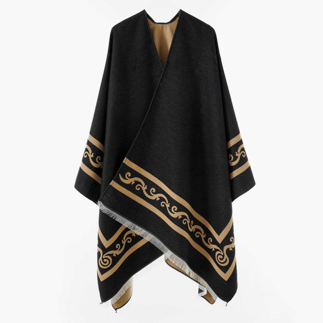 Damen Oversize-Cape mit geometrischem Jacquard und Fransensaum Shop Nory
