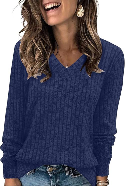 Damen Gerippter V‑Ausschnitt Feinstrickpullover mit lässiger Oversize-Passform Shop Nory