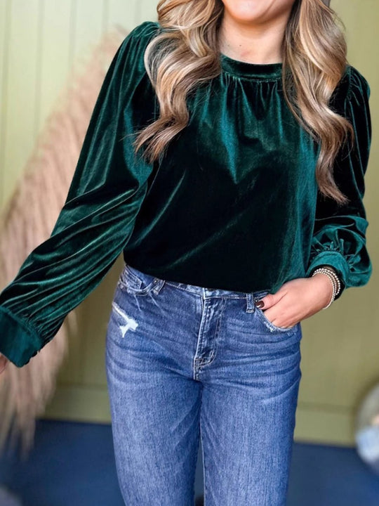 Damen Samtbluse mit Ballonärmeln und gerafftem Stehkragen Shop Nory