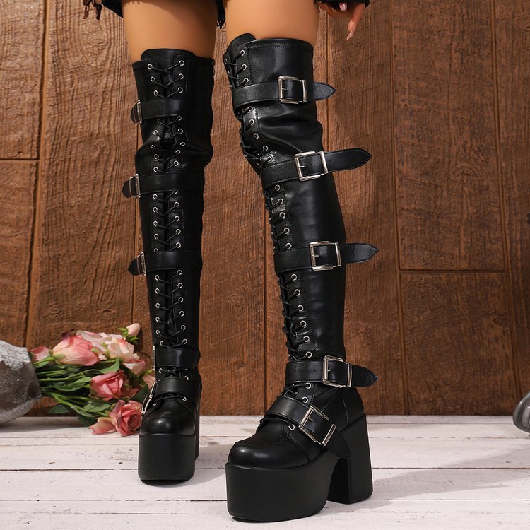 Damen Overknee Stiefel mit modischen Schnallen und hochmodernem Plateau Shopnory