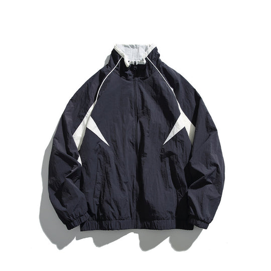 Unisex Leichte Boxy-Kapuzenjacke im Windbreaker-Stil mit Kontrastpaneelen und Raglanärmeln Shop Nory