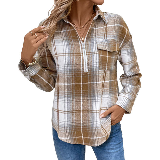 Damen Oversize-Karo-Halbzip-Hemdbluse aus Flanell mit aufgesetzter Brusttasche Shop Nory