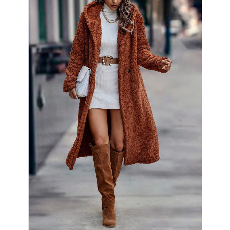 Damen Maxilanger Teddy-Mantel mit Kapuze und doppelter Knopfleiste Shop Nory