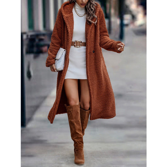 Damen Maxilanger Teddy-Mantel mit Kapuze und doppelter Knopfleiste Shop Nory