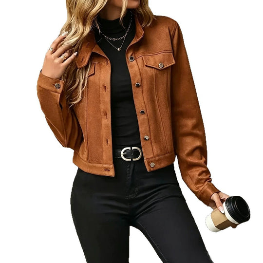 Damen Kurzjacke aus Veloursleder‑Optik mit Hemdkragen und Brusttaschen Shop Nory