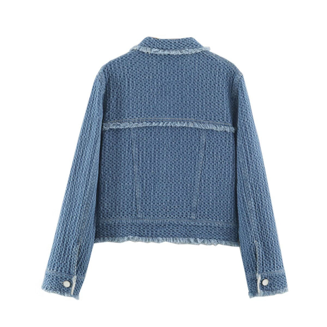 Damen Cropped Boxy-Jeansjacke mit Waffelstruktur, aufgesetzten Pattentaschen und Fransenabschluss Shop Nory
