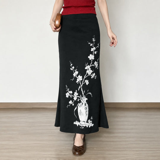 Damen nan ausgestellter Maxi-Rock mit A-Linien-Schnitt, elastischem Bund und floraler Aquarell-Vasen-Print Shop Nory