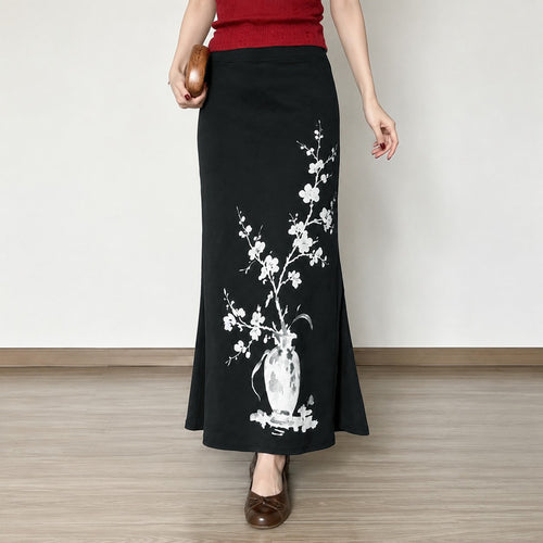 Damen nan ausgestellter Maxi-Rock mit A-Linien-Schnitt, elastischem Bund und floraler Aquarell-Vasen-Print Shop Nory