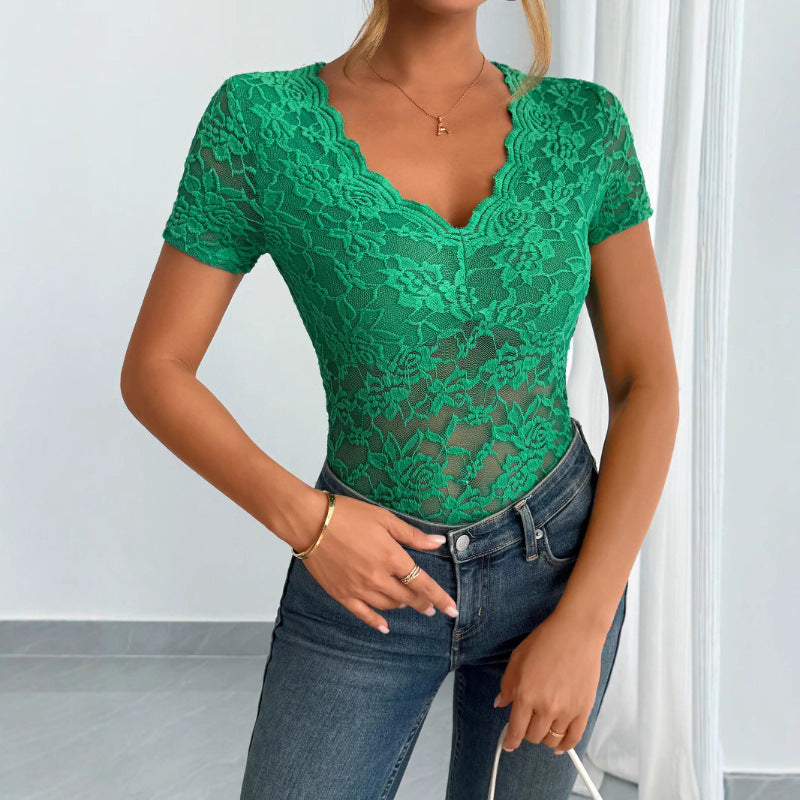 Damen Spitzen-Bodysuit mit dekorativem V-Ausschnitt