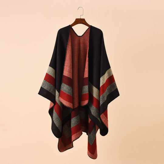 Damen Offener Strick‑Cape‑Poncho mit kontrastierenden Blockstreifen und Zierstich Shop Nory