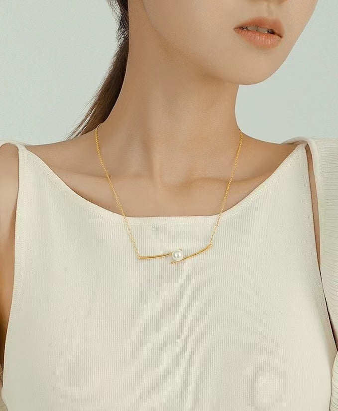 Damen Minimalistische Gebogene Stab Halskette mit Perlenakzent Shop Nory