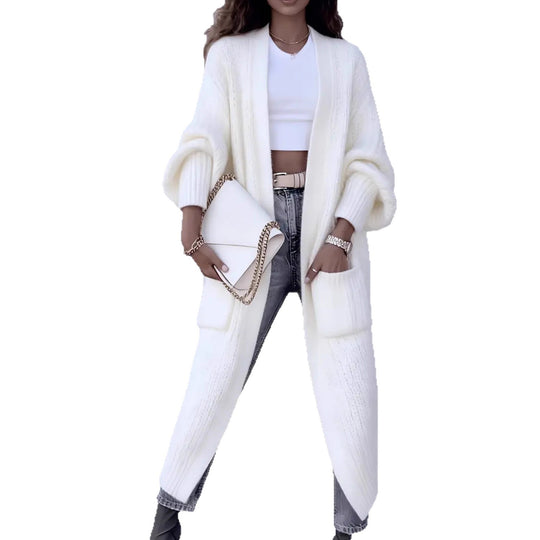 Damen Langer Offener Grobstrick-Mantelcardigan mit Flechtstruktur und überschnittener Schulter Shop Nory