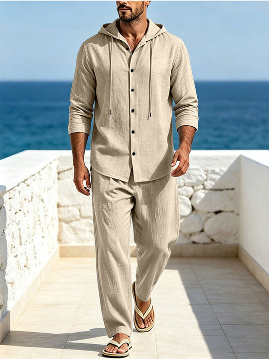 Herren Atmungsaktives Baumwoll-Gauze Loungewear-Set mit Kapuzenhemd und weiten Sommerhosen Shop Nory