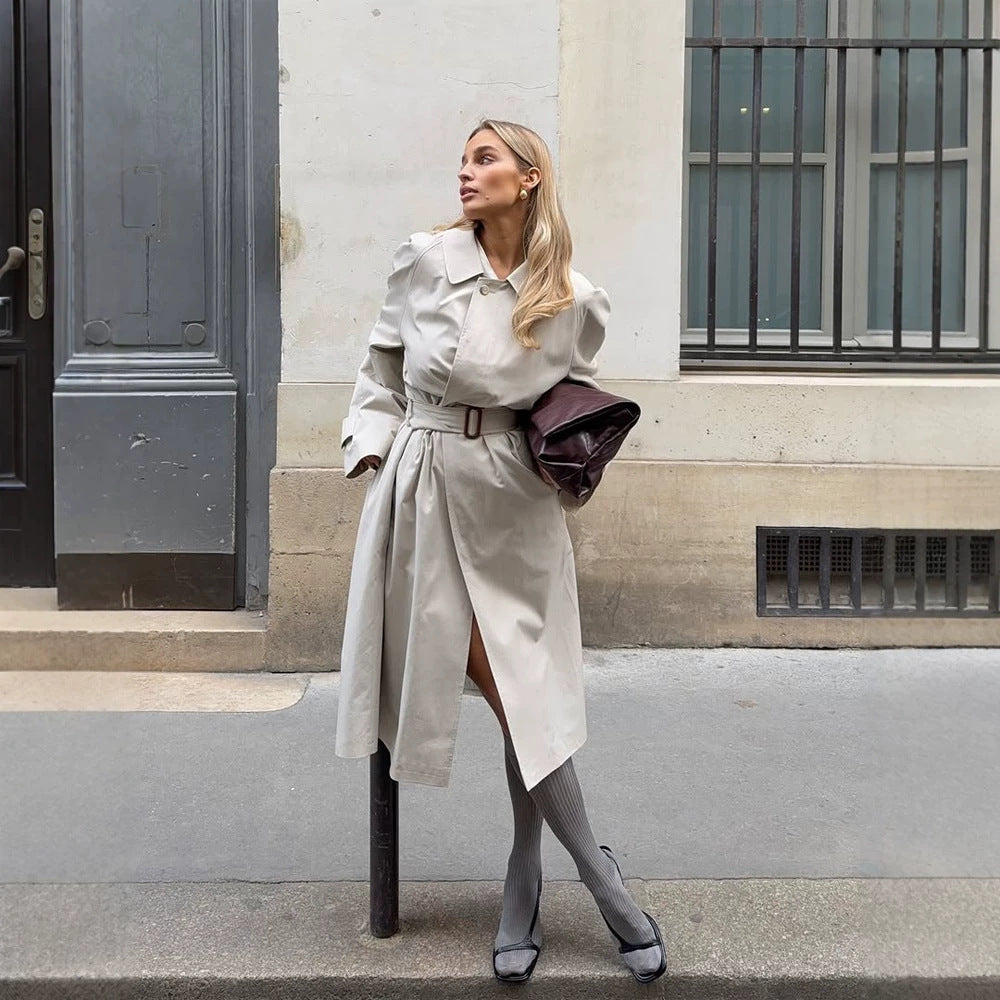 Damen Midilanger Trenchcoat im Cocoon‑Cut mit Bindegürtel und Raglanärmeln Shop Nory