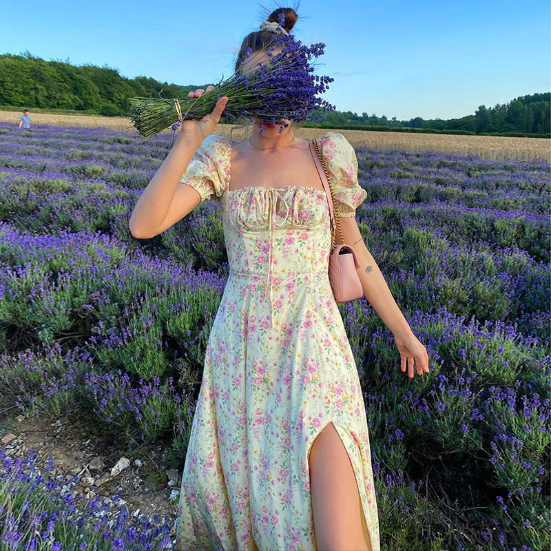 Damen Maxi-Kleid mit Puffärmeln und floralem Design