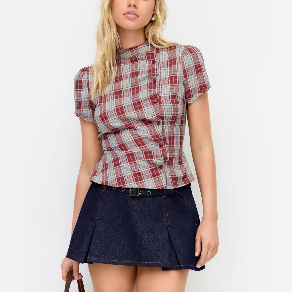 Damen Karierte Bluse mit hoher Taille und Puffärmeln