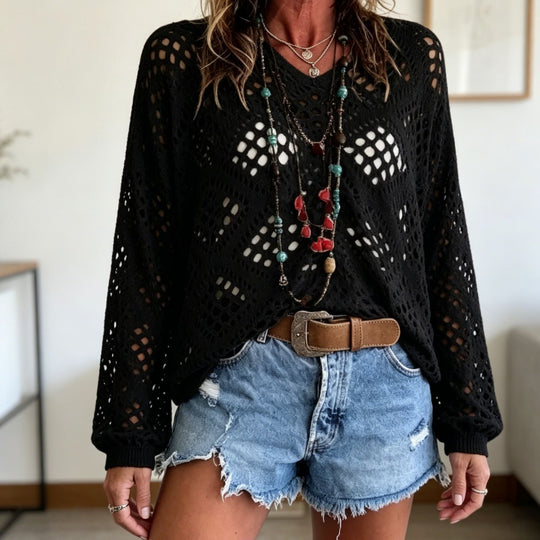 Damen Grobstrick-Häkelpullover mit offenen Maschen und V‑Ausschnitt Shop Nory