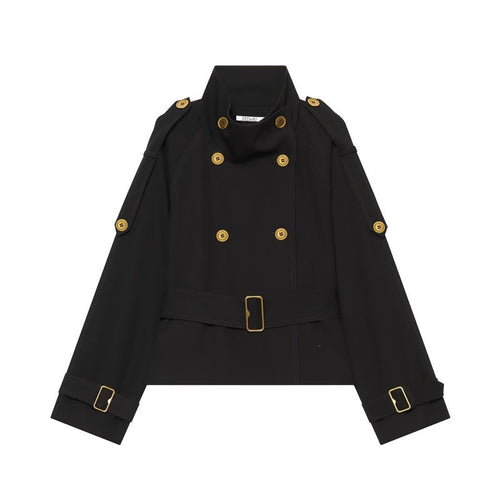 Damen Kurzer Doppelreiher-Trench mit Taillengürtel, Schulterklappen und goldfarbenen Details Shop Nory