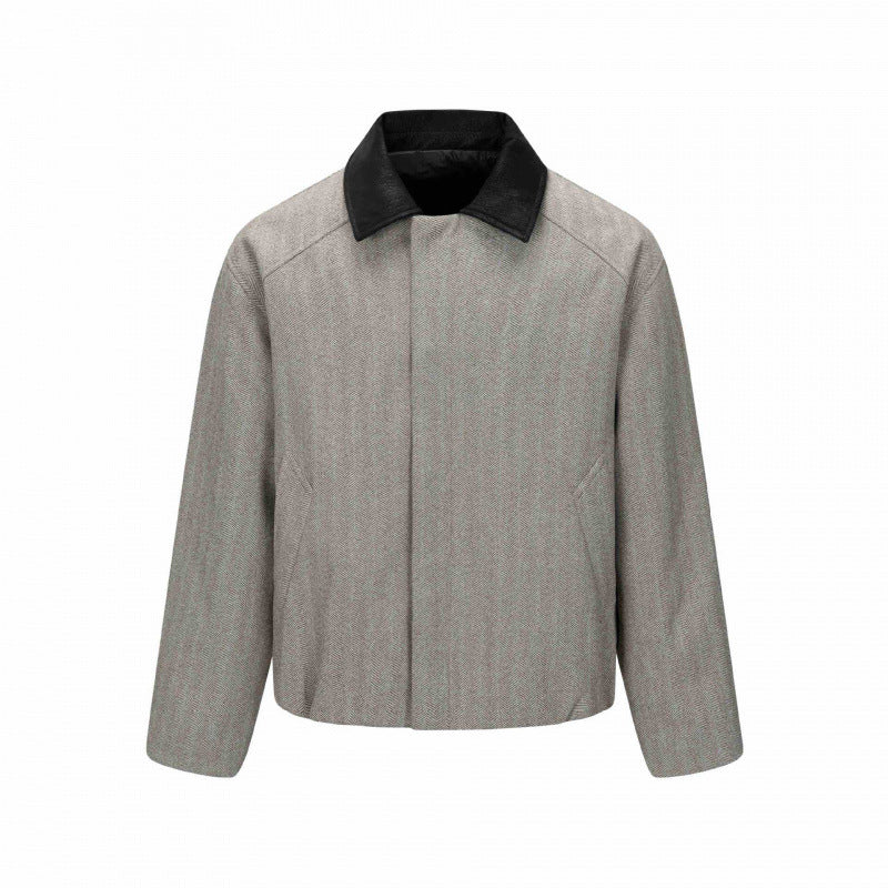 Herren Kurzblouson im Fischgrät-Wollmix mit Lederkragen und verdeckter Verschluss Shop Nory