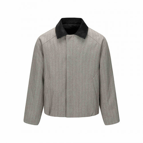 Herren Kurzblouson im Fischgrät-Wollmix mit Lederkragen und verdeckter Verschluss Shop Nory