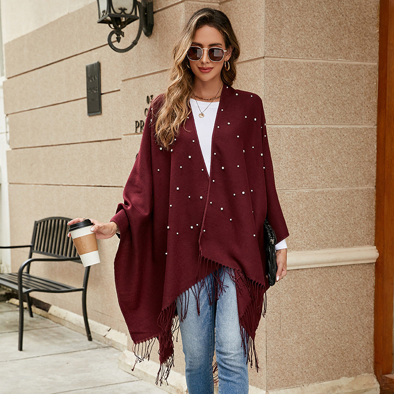 Damen Kaschmiroptik-Überwurfponcho mit Perlenapplikation Shop Nory